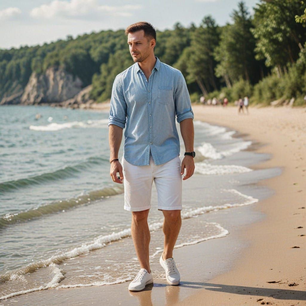 Fit Slavic Man on Beach in Summer Outfit