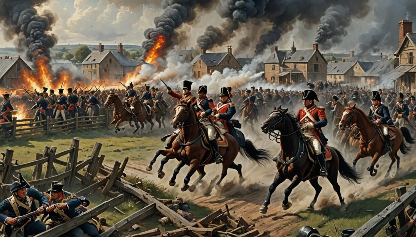 a detailed painting of a historical Napoleonic battle near a farm house. Include British riflemen firing from behind a r...