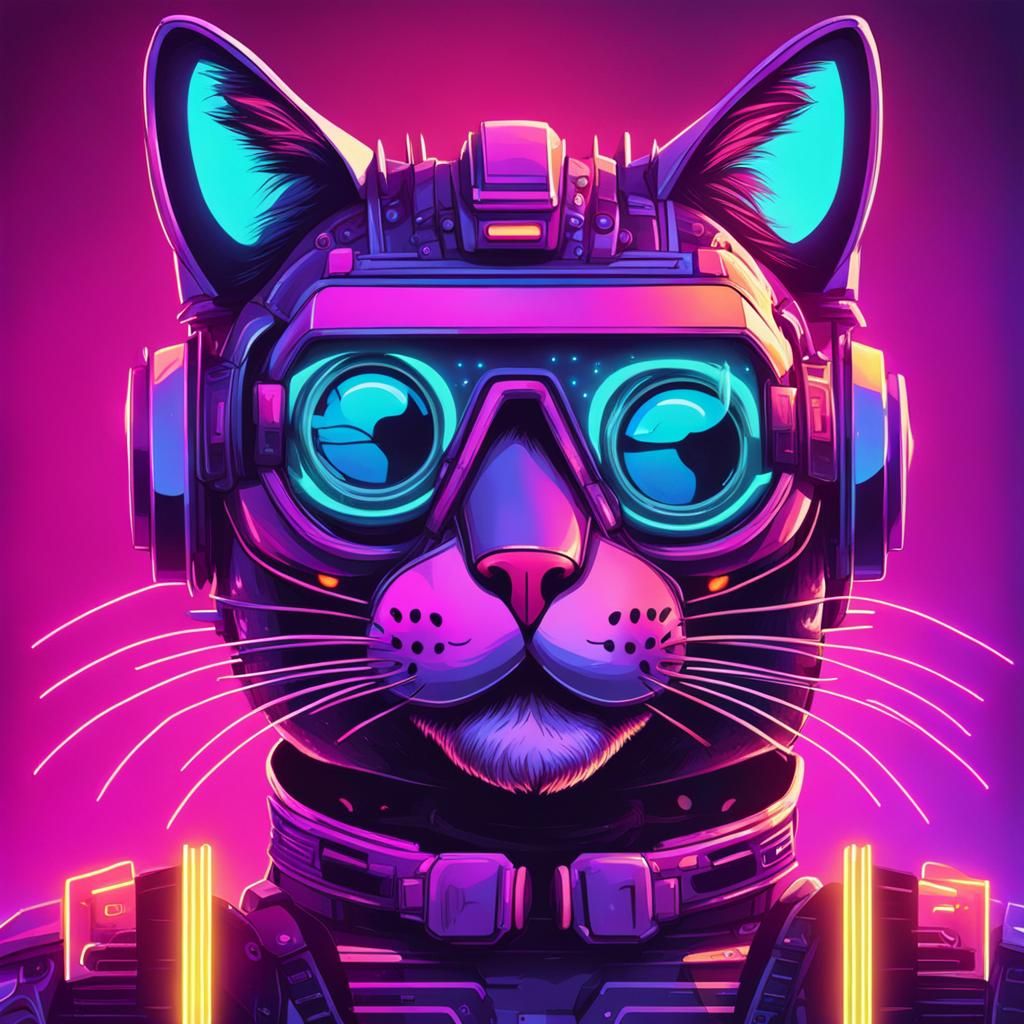 Synthwave Robot Cat in Neon Lighting