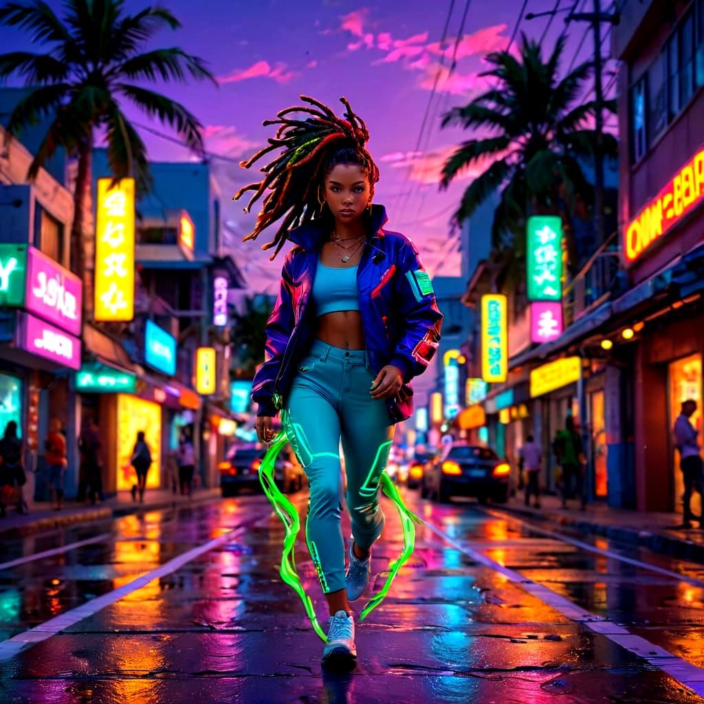 Surreal Caribbean Woman Runs Through Glitchy Tropical City