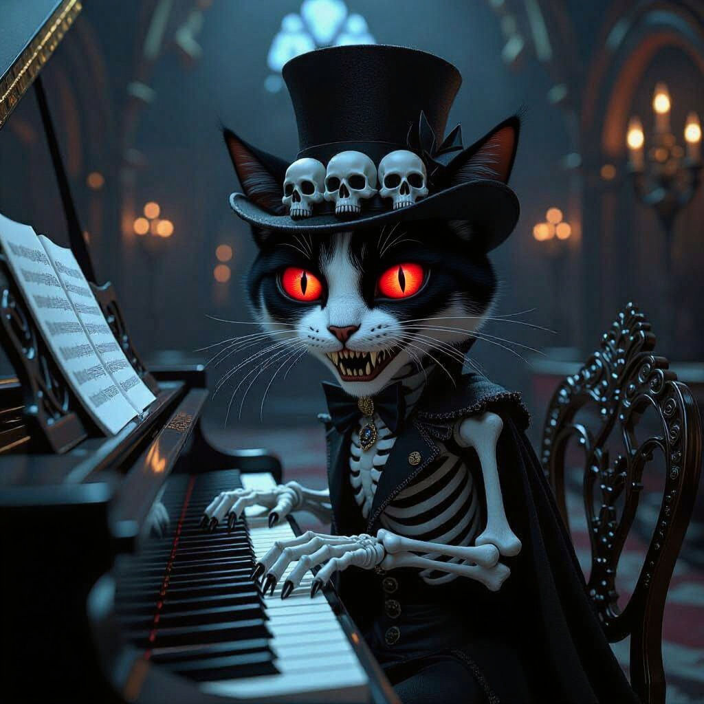 Gothic Vampire Cat Plays Piano in Dark Fantasy Art