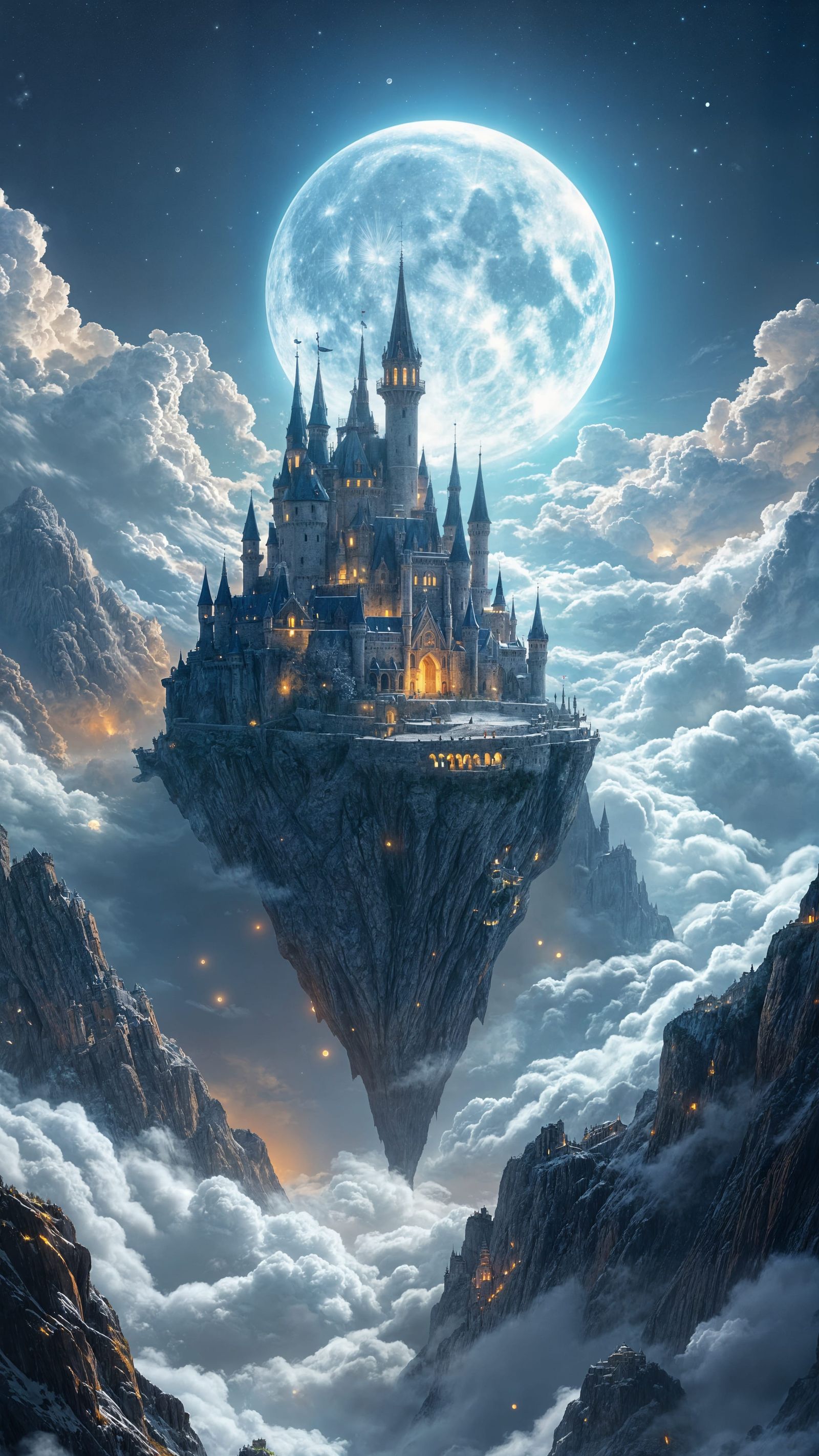 Grand Castle Floating in Cloudy Moonlit Sky