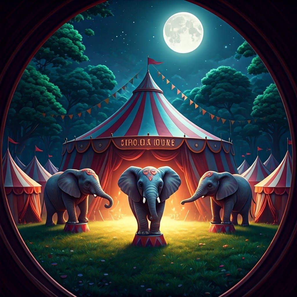 Baby Elephants Perform in Dreamlike Circus Scene