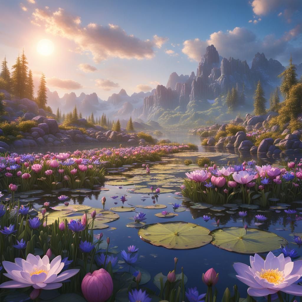 Larkspur and Waterlily Flower Field in Detailed Matte Painti...