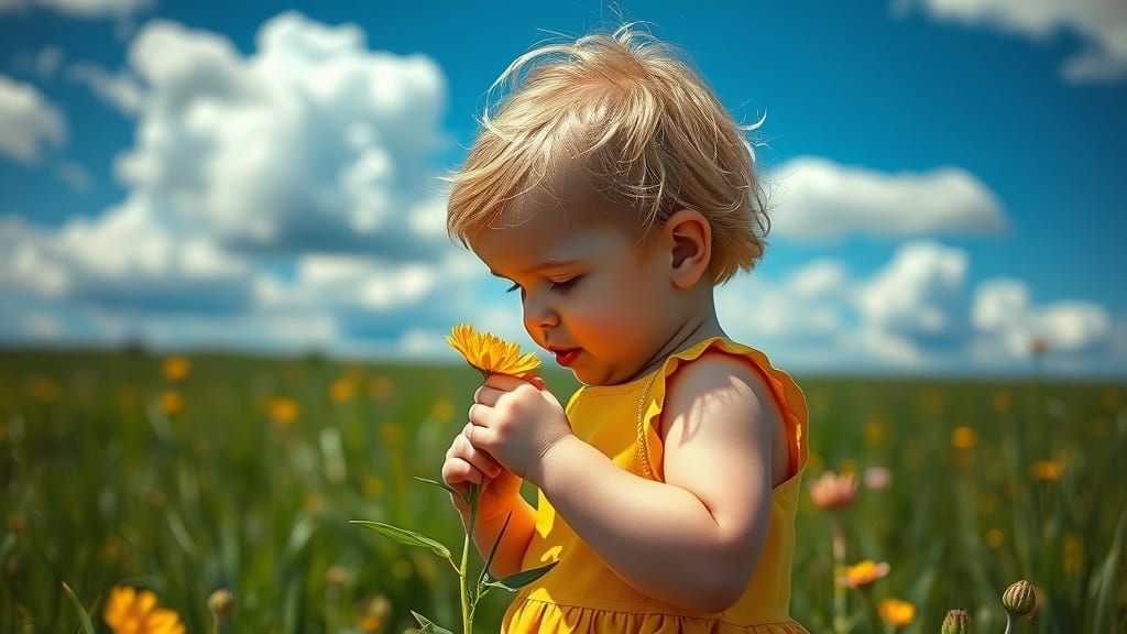 Toddler Smelling Flower in Sunny Meadow, Hyperrealistic Styl...