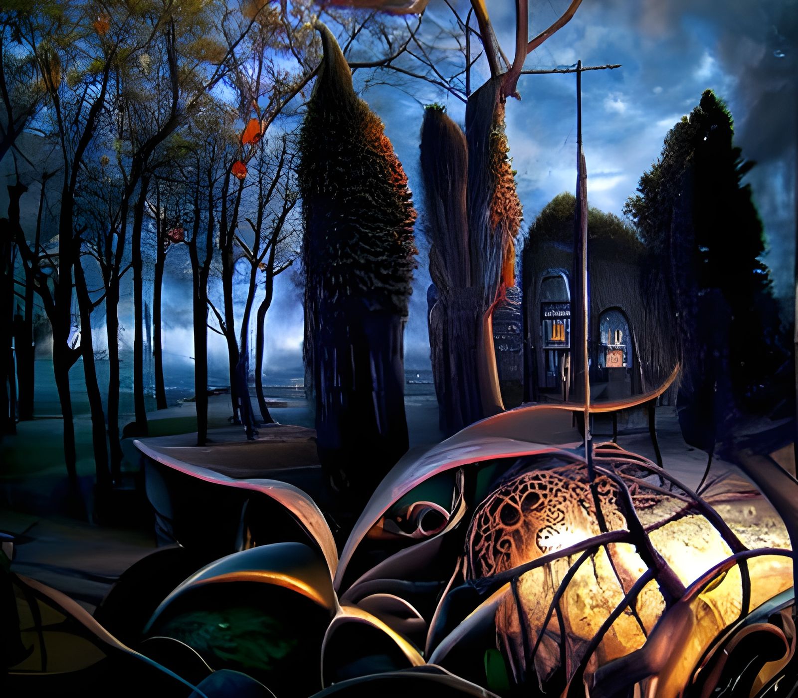 Twilight Garden: Hyperrealistic Oil Painting