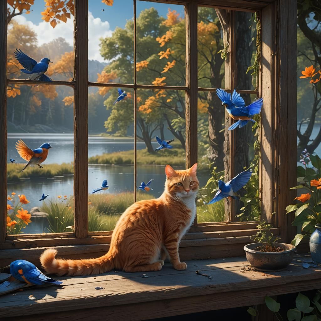 Orange Cat Watching Bluebirds: Detailed Matte Painting