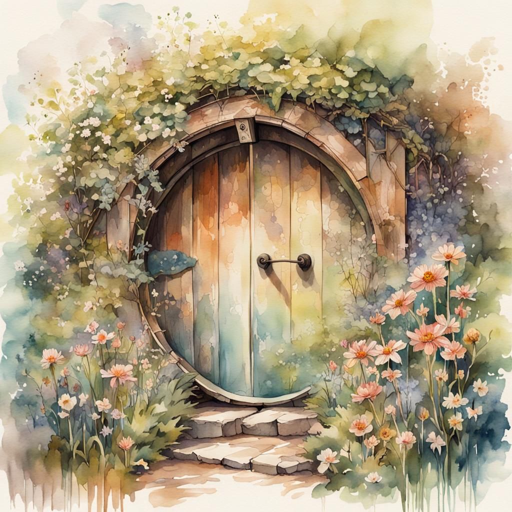 Hobbit Door to Secret Garden: Vintage Watercolor Painting