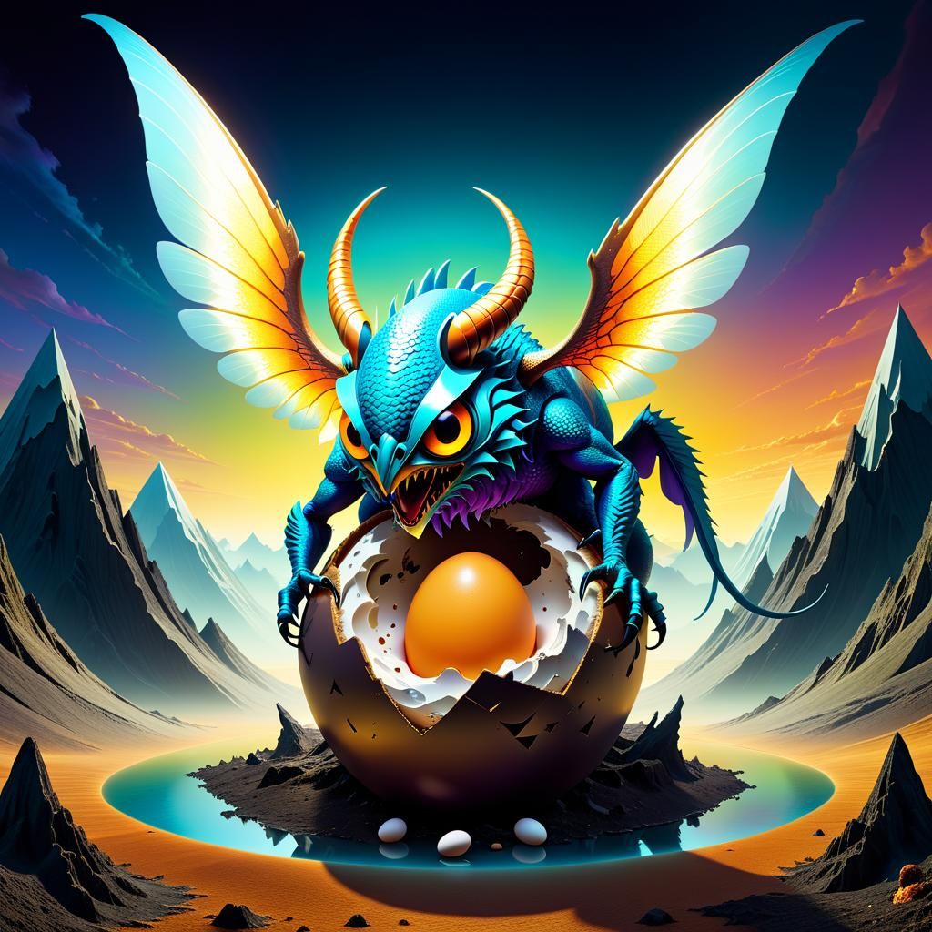 Chromatic Surreal Monster Hatching in Luminous Landscape