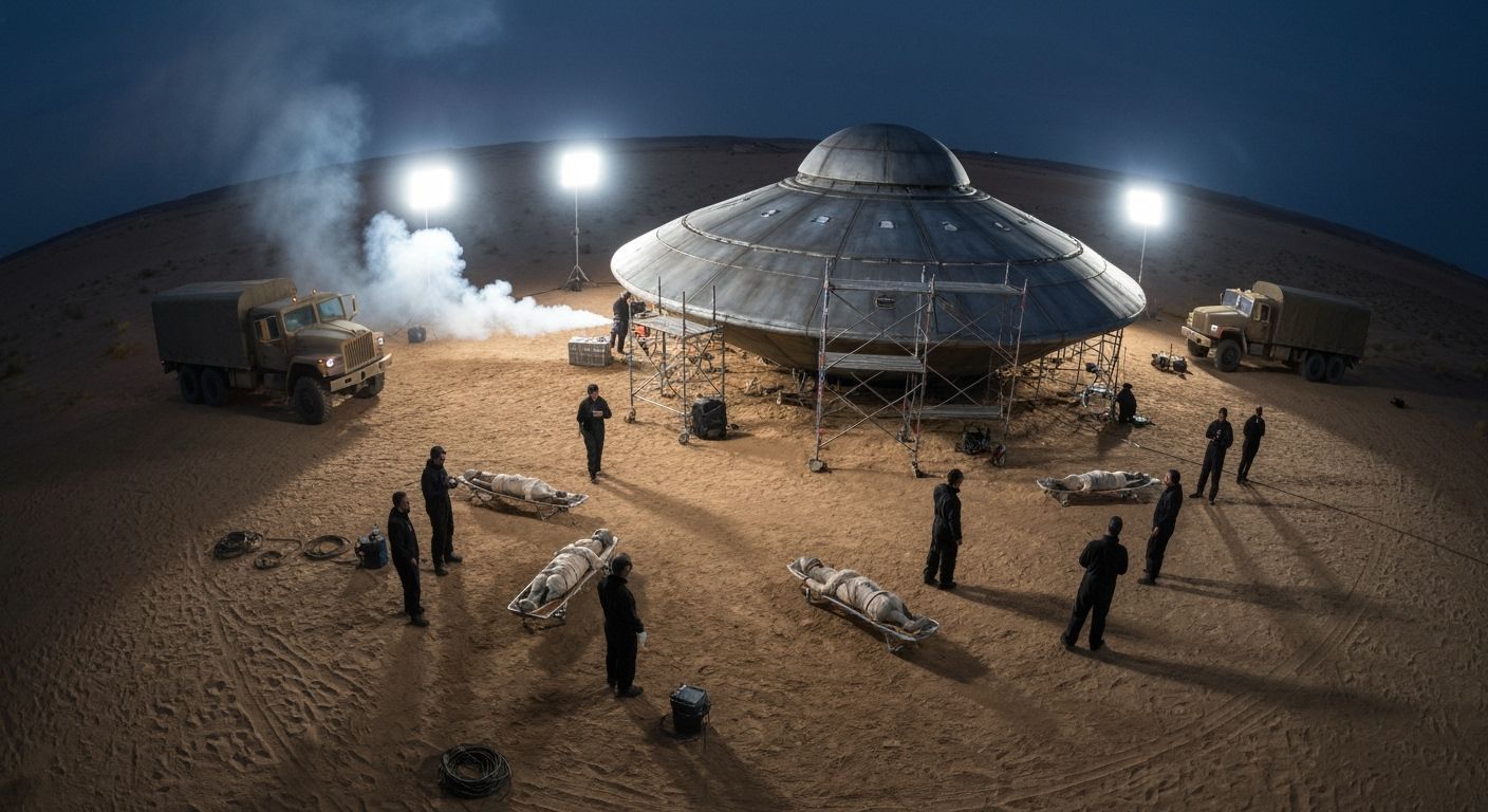 Staged UFO Crash Site in Desert at Night