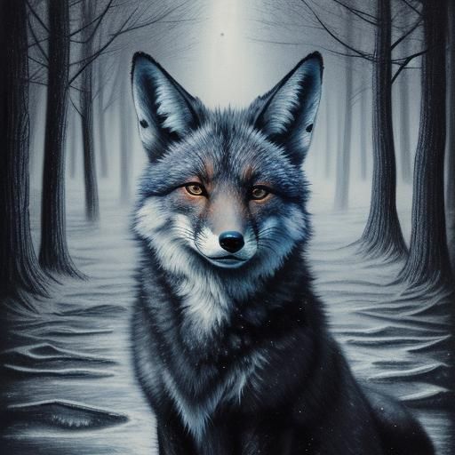 Fox Kit Gazing at Night Sky, Charcoal Drawing