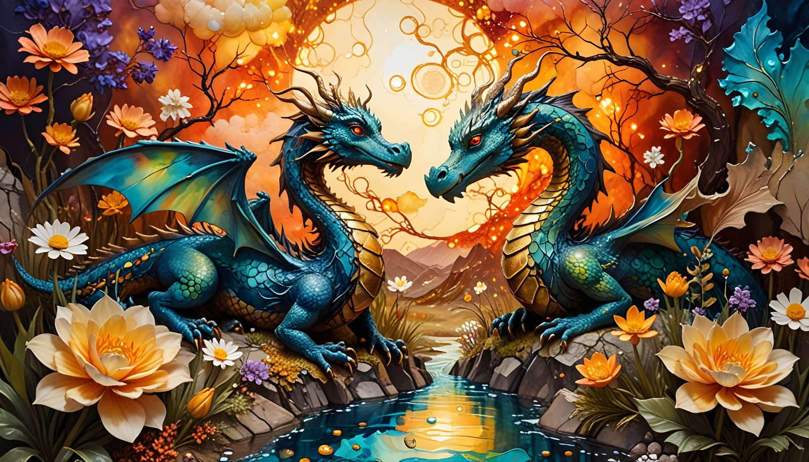 Dragon and Duckling in Surrealist Alcohol Ink Painting