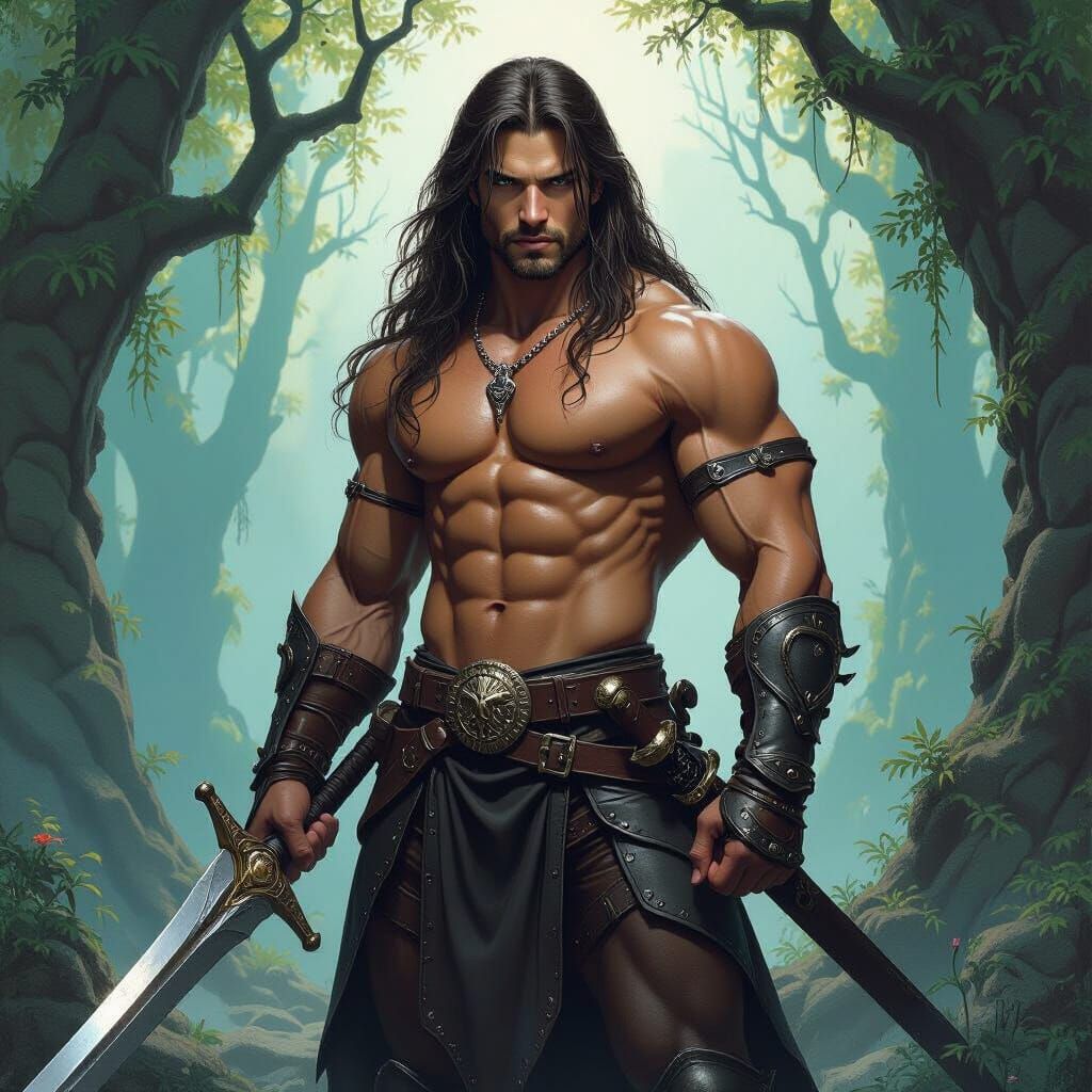 Heroic Swordsman in Mystical Realm, Fantasy Art