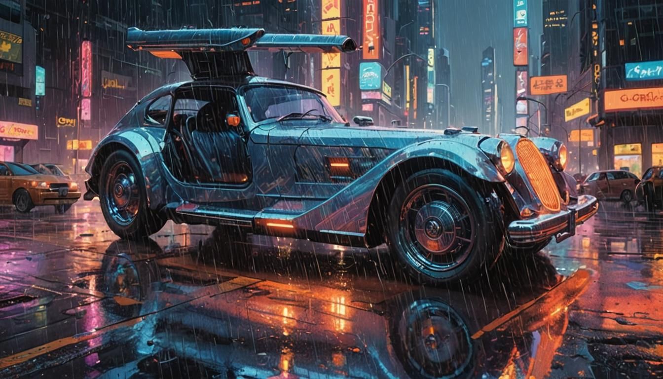 Retro-Futuristic Car Cruises Through Neon Cityscapes