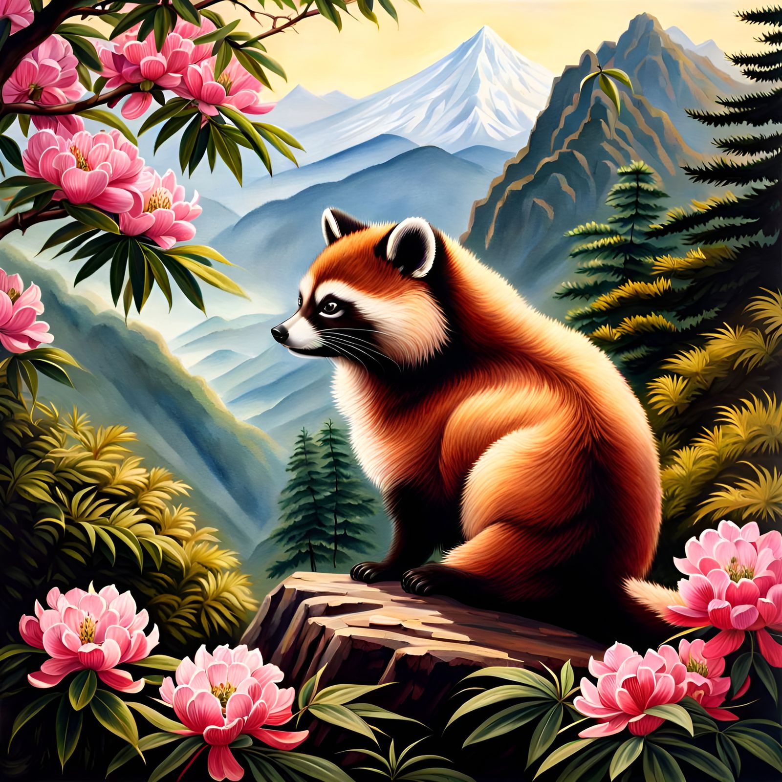 Tanuki in Asian Landscape, 19th Century Oil Painting