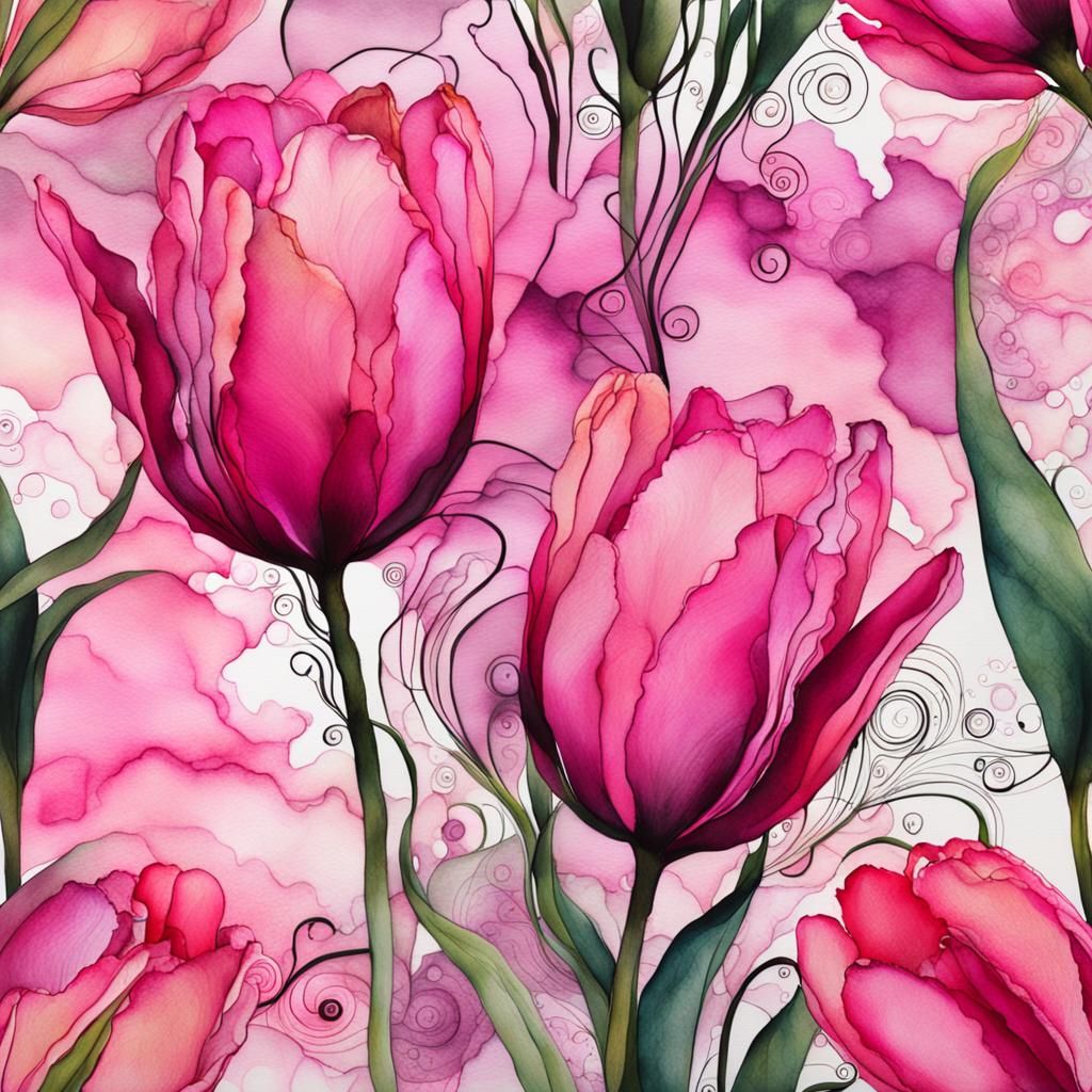 Pink Tulips with Ink Swirls