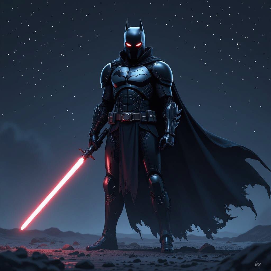 Futuristic Dark Knight with Black Lightsaber in Cyberpunk St...