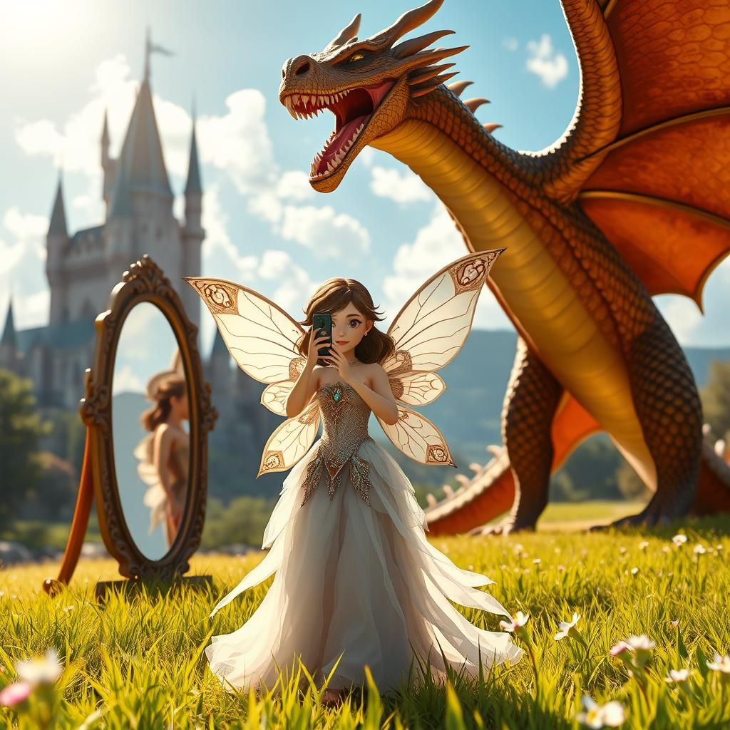 Fairy Selfie Interrupted by Dragon in 3D Anime Style