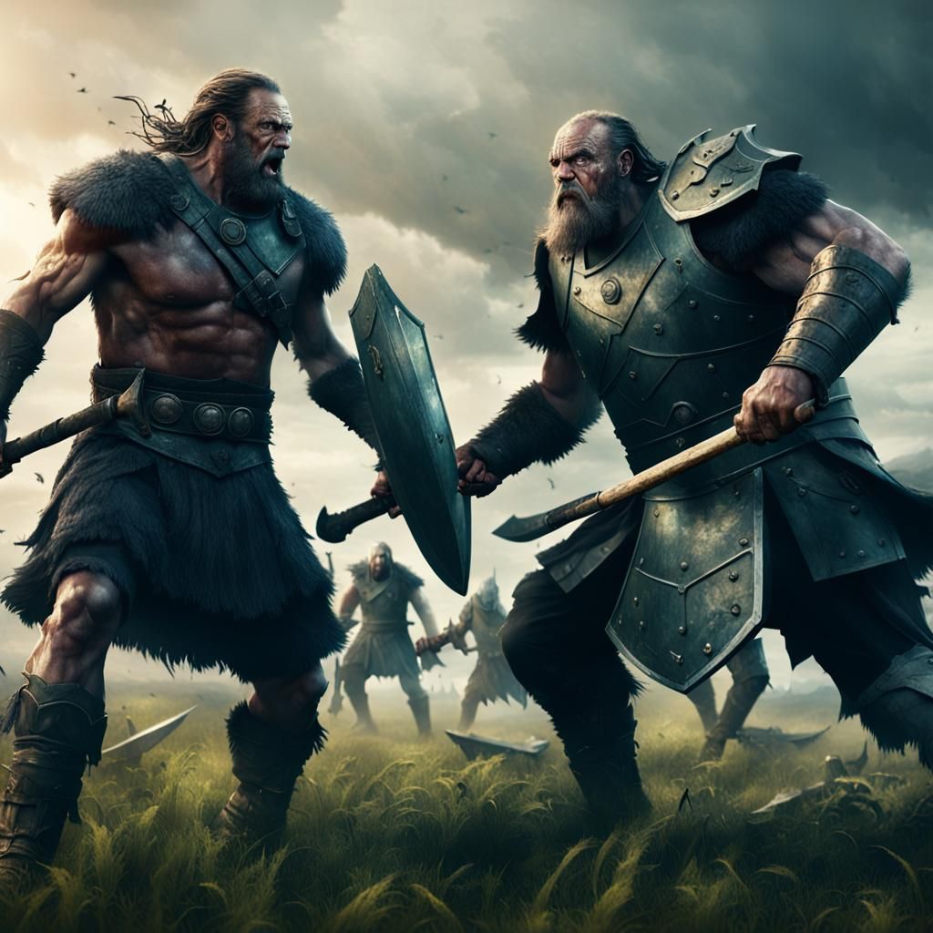 Epic Giants Clash in a Field Battle