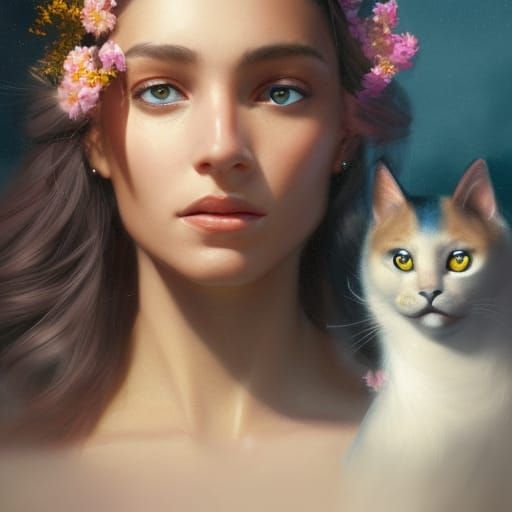 Goddess with Cats and Flowers: Digital Art Portrait