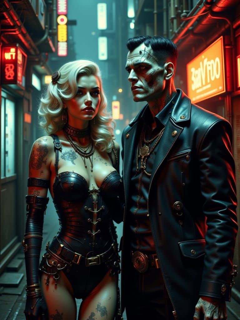 Cyberpunk Marilyn & Frankenstein in Dystopian Alley
