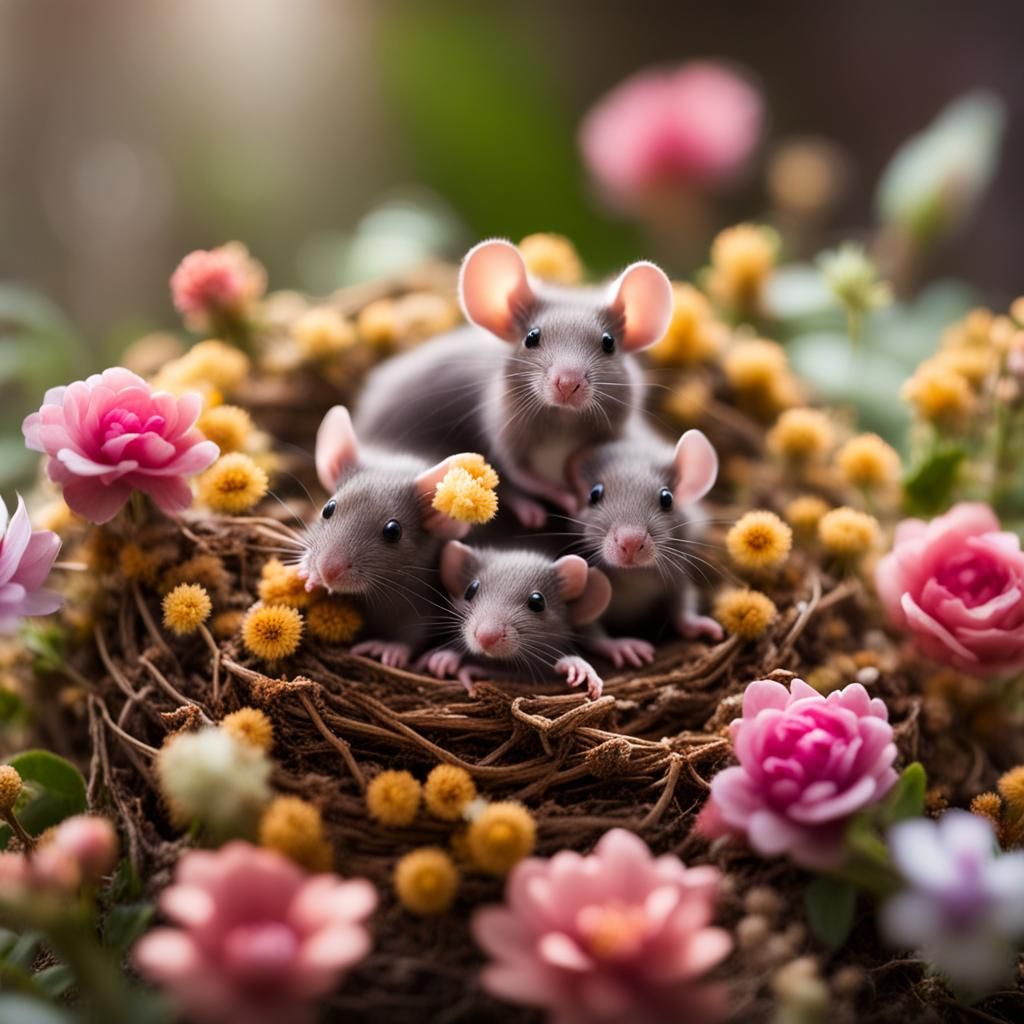 Mice Build Flower Nest: Professional Photography