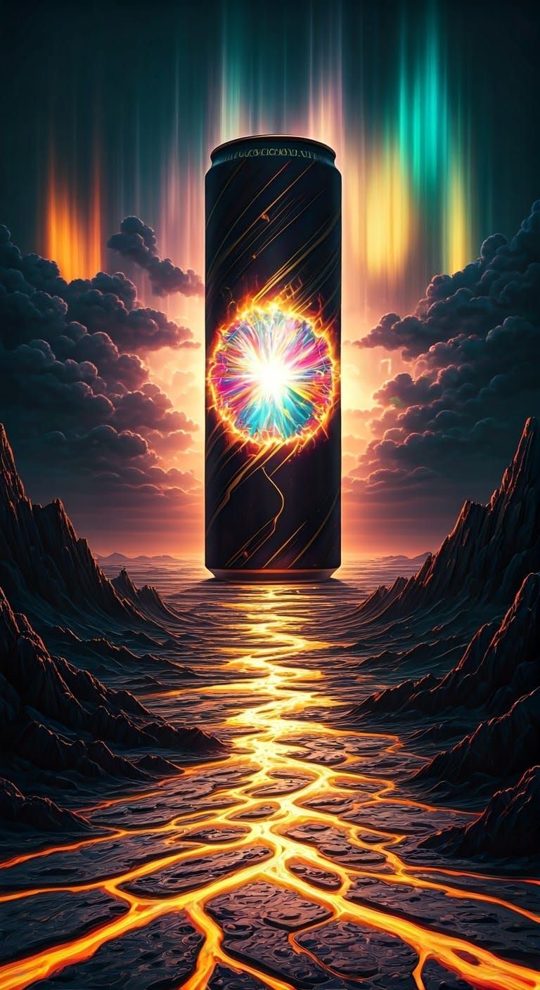 Ethereal Landscape of Energy Drink Cans in Vibrant Iridescen...