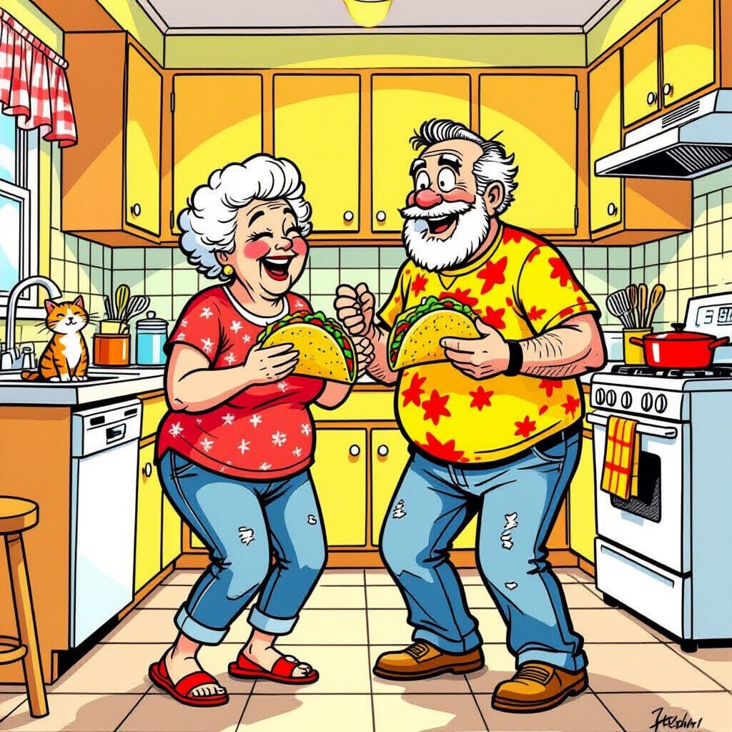 Joyful Couple Dances with Tacos in Comic Art Kitchen