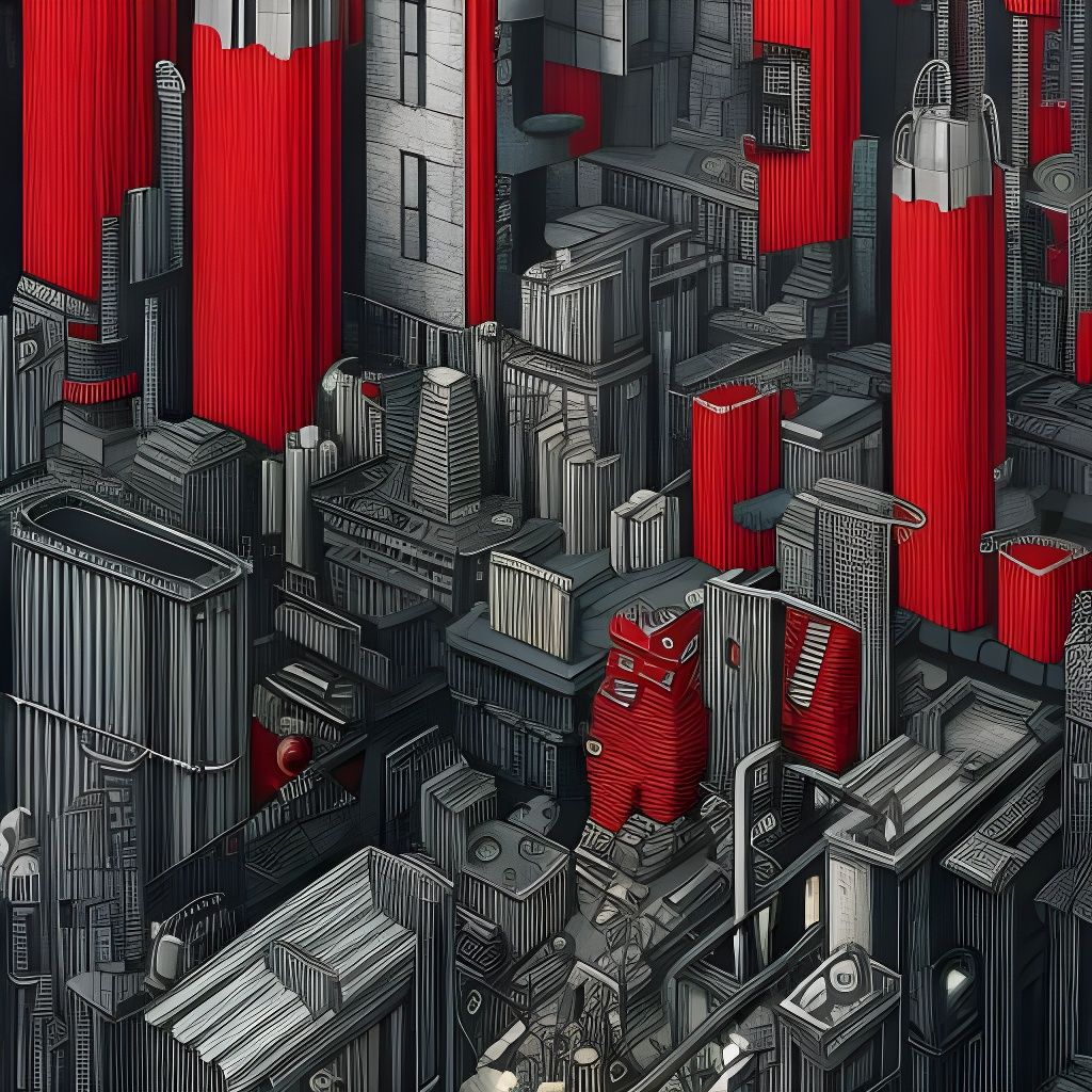 Red Monster in Futuristic Metropolis: Isometric Mixed Media