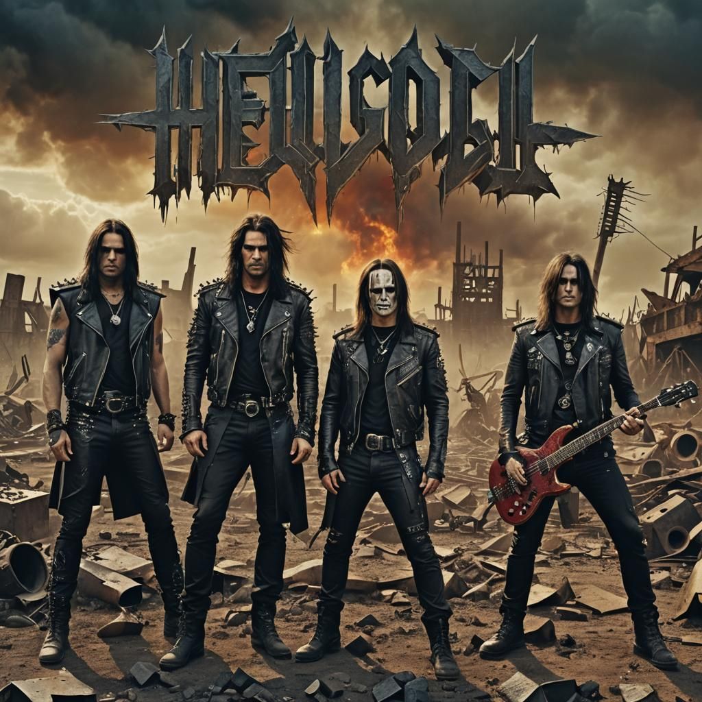 Heavy Metal Band Album Cover in Dystopian Landscape