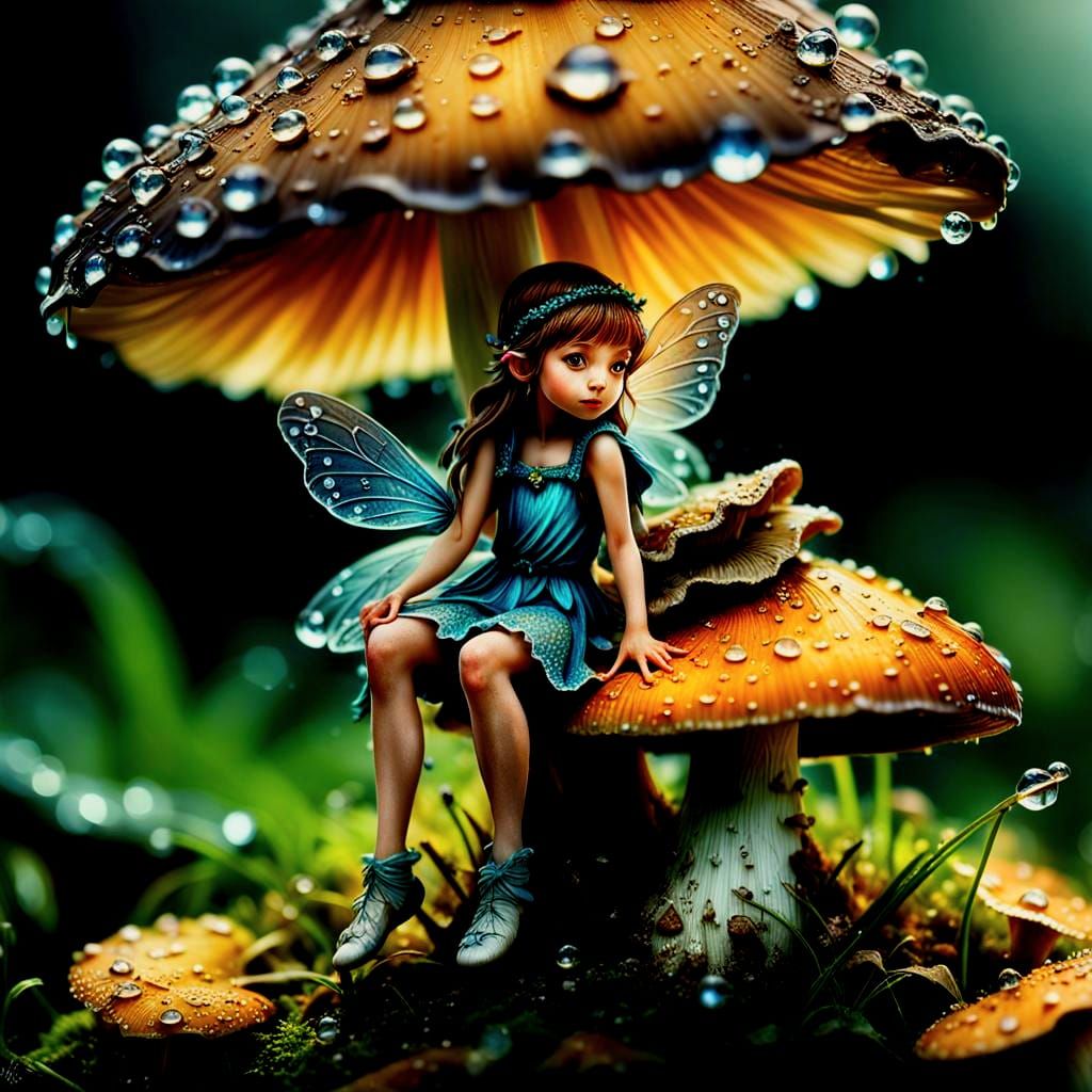 Tiny Fairy on Mushroom: Hyperrealistic Macro Photography