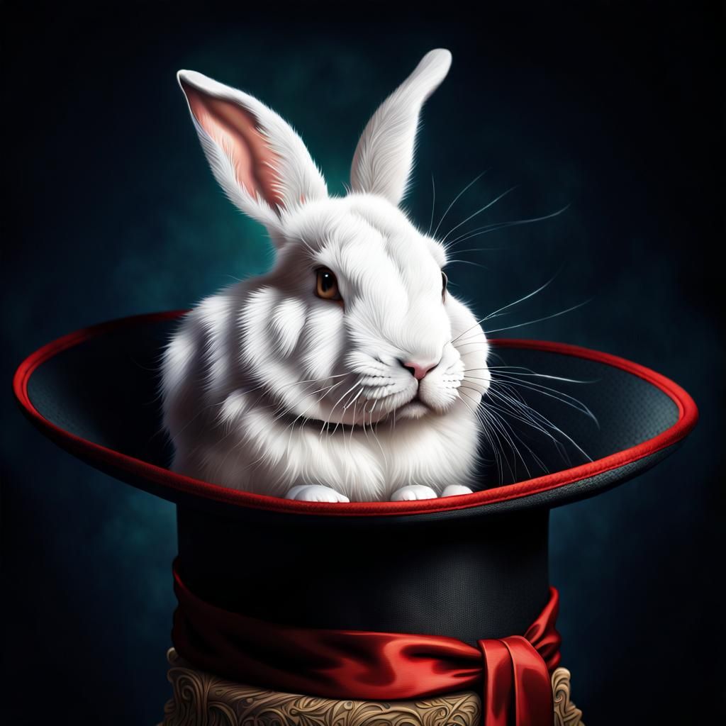 White Rabbit in Magician's Hat, Hyperrealistic Style