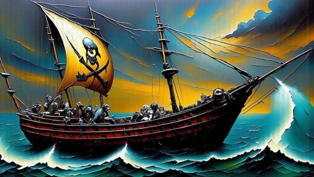 Surrealist Pirate Ship Adrift in a Dreamlike Seascape