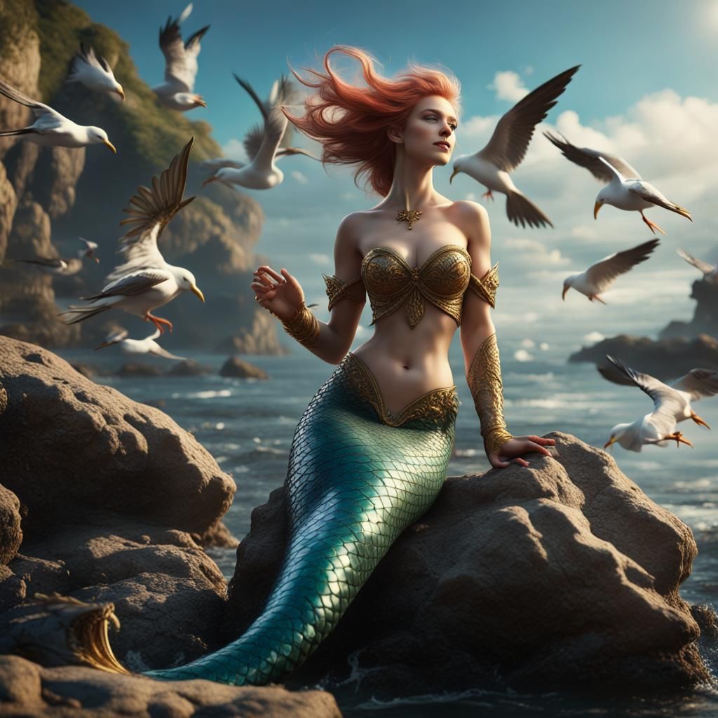 Mythical Mermaid on Rock: Detailed Matte Painting