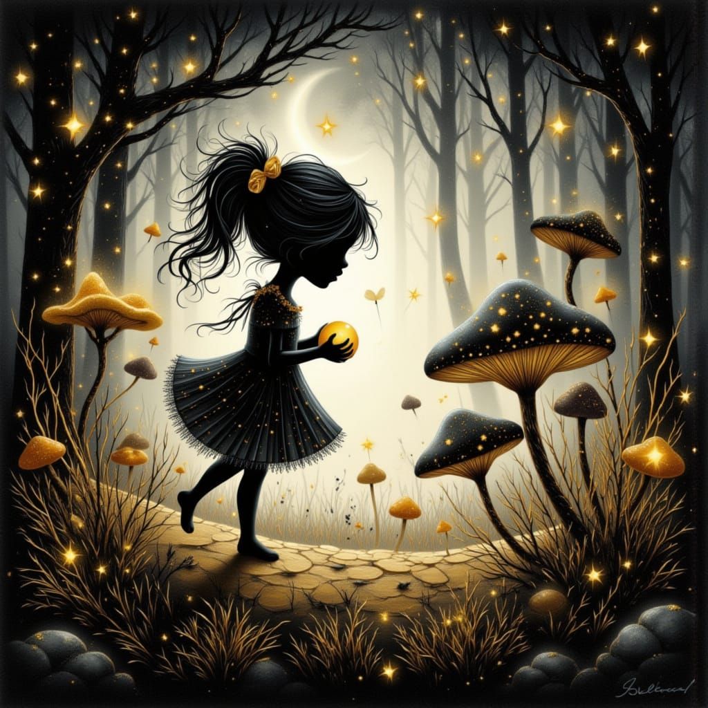 Moonchild in Mystical Forest with Glowing Mushrooms