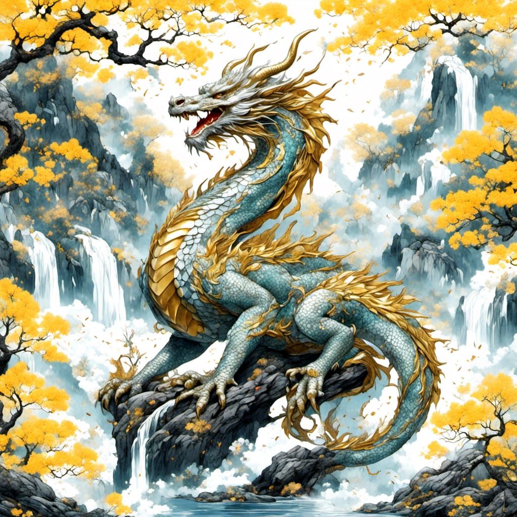 Iridescent Oriental Dragon in Japanese Watercolor Style