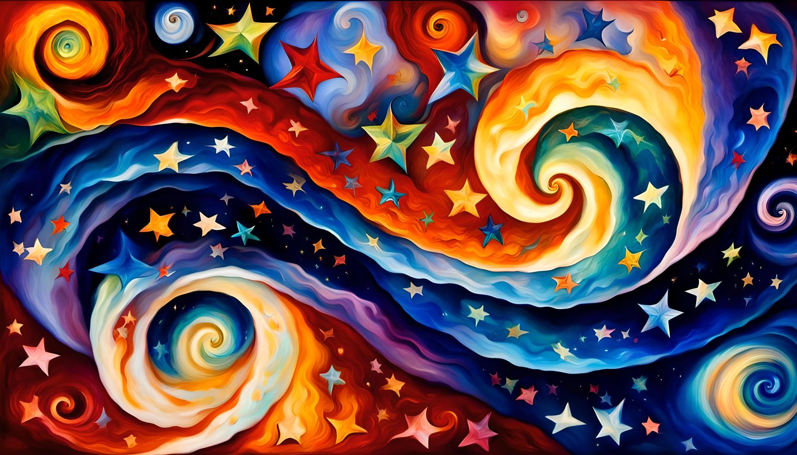 Iridescent Stars Dancing in Cosmic Maelstrom as Impasto Oil