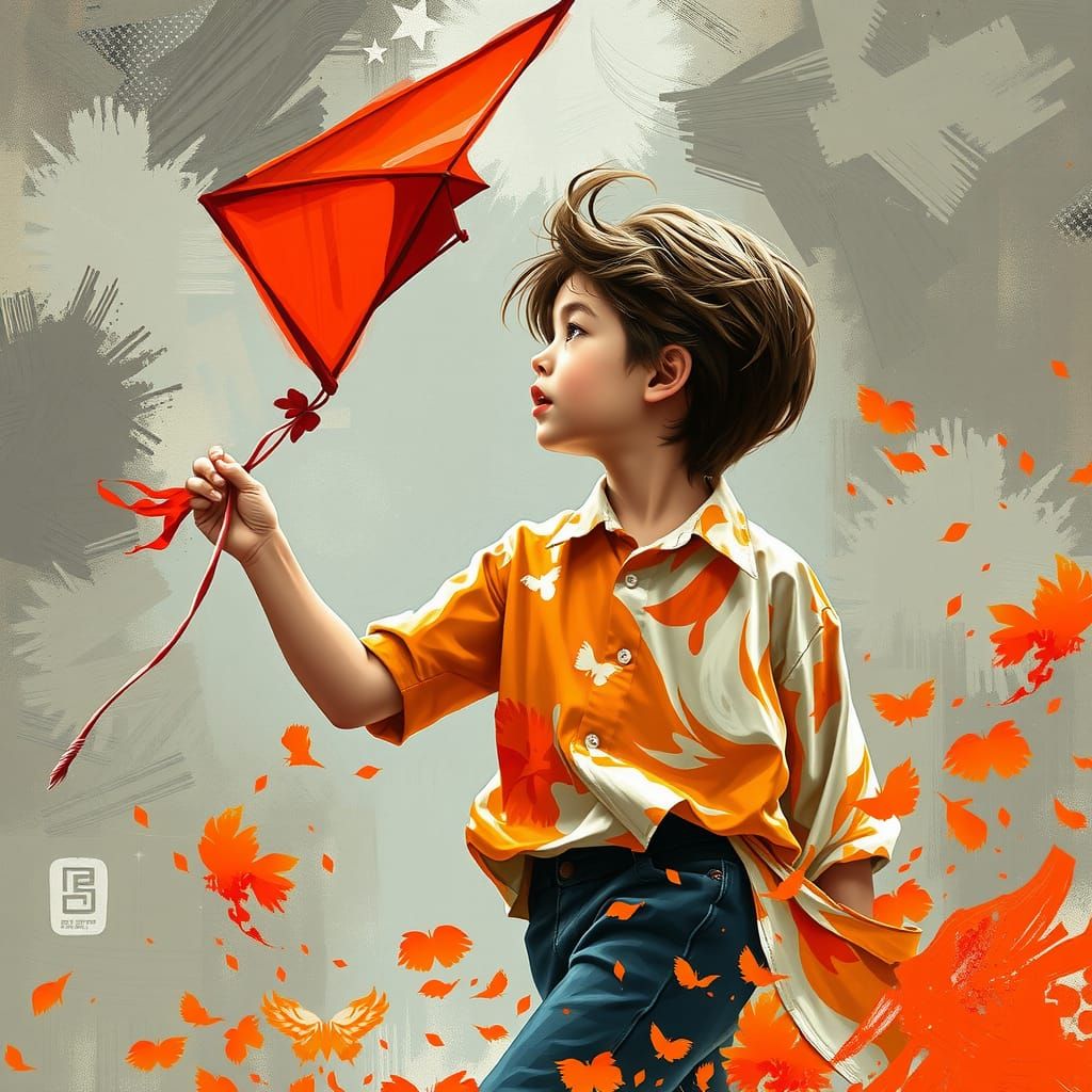 Boy with Red Kite: Dynamic Brushstroke Painting