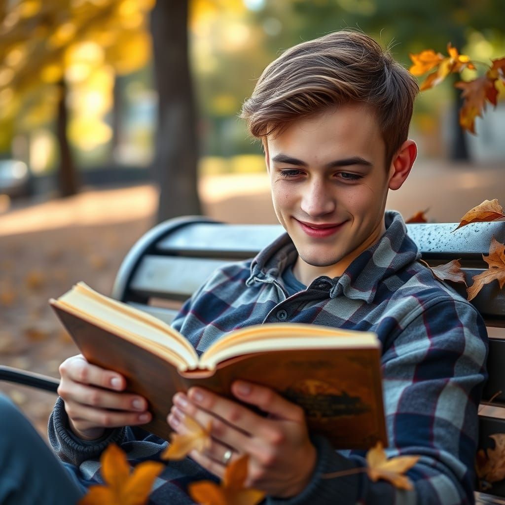 Man Reading Book in Autumn Light: DSLR Portrait