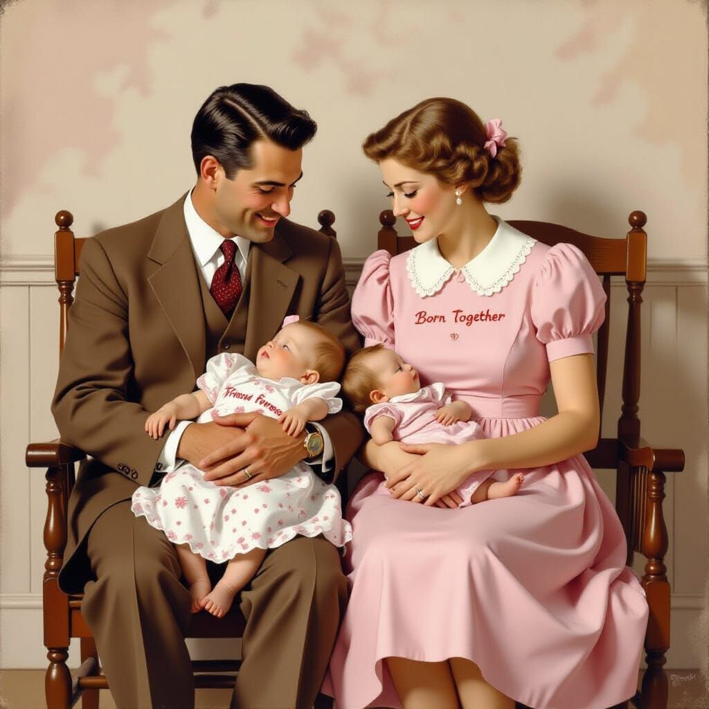 Parents with Twin Babies in Magazine Illustration Style