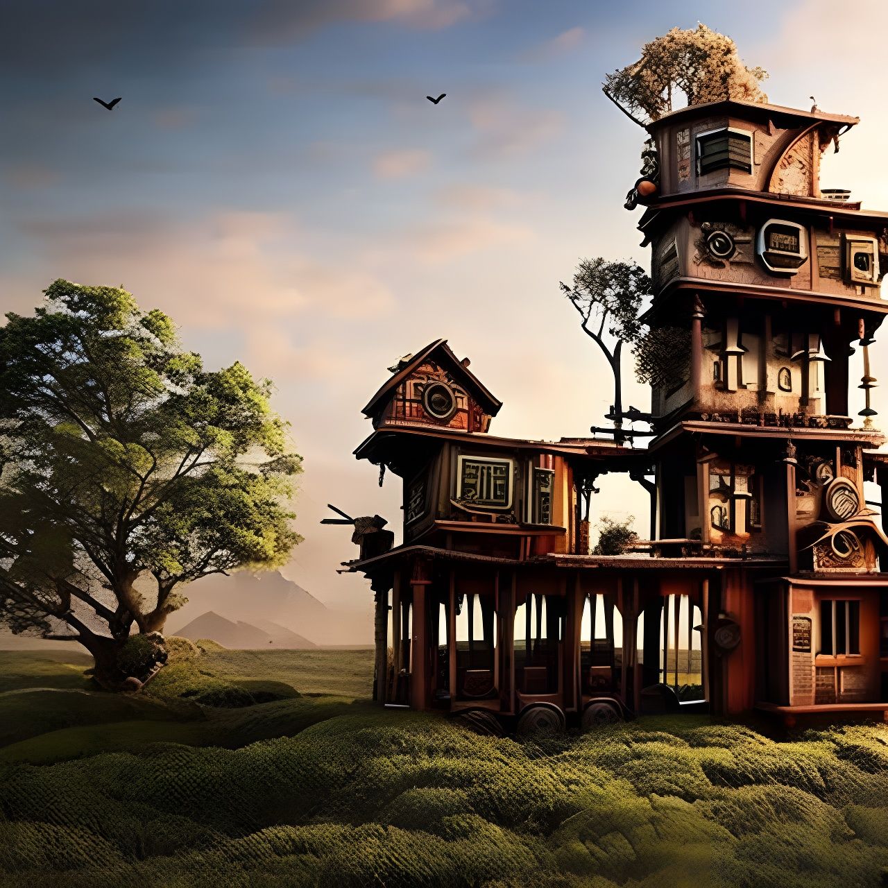 Intricate Steampunk House with Tree
