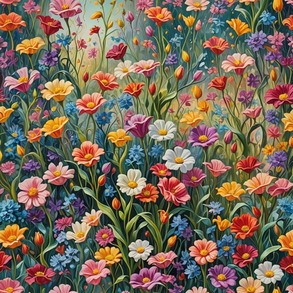 Surreal Spring Flower Garden in Melting Oil Paint Style