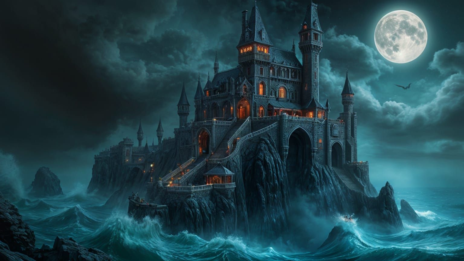 Surreal Landscape with Impossible Architecture in Dark Fanta...