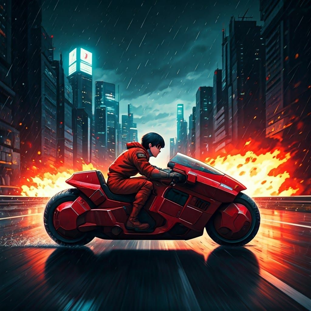 Cyberpunk Hero on High-Speed Bike in Rainy New-Tokyo