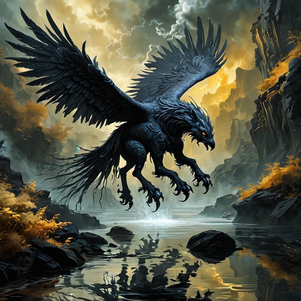 Shadow Hippogriff in Eerie Fantasy Landscape