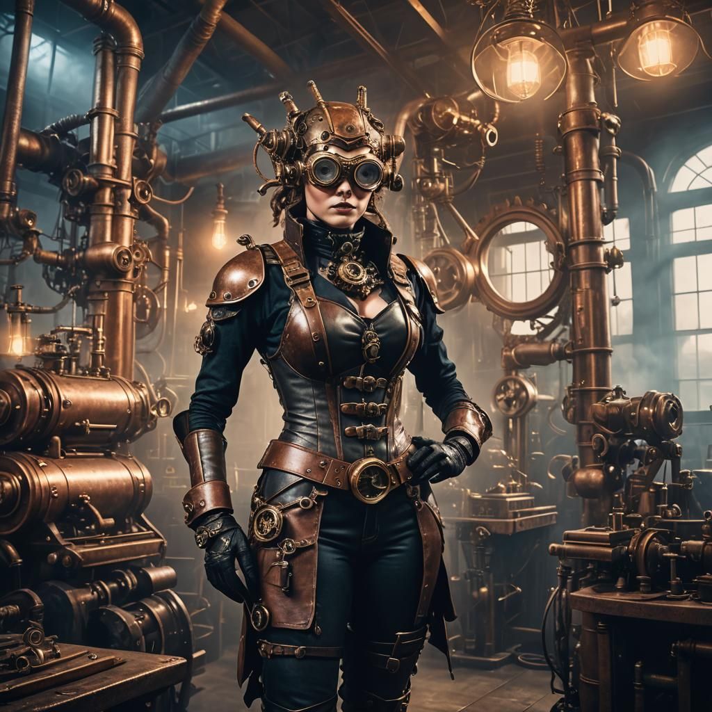 Steampunk Alien in Industrial Setting with Victorian Element...