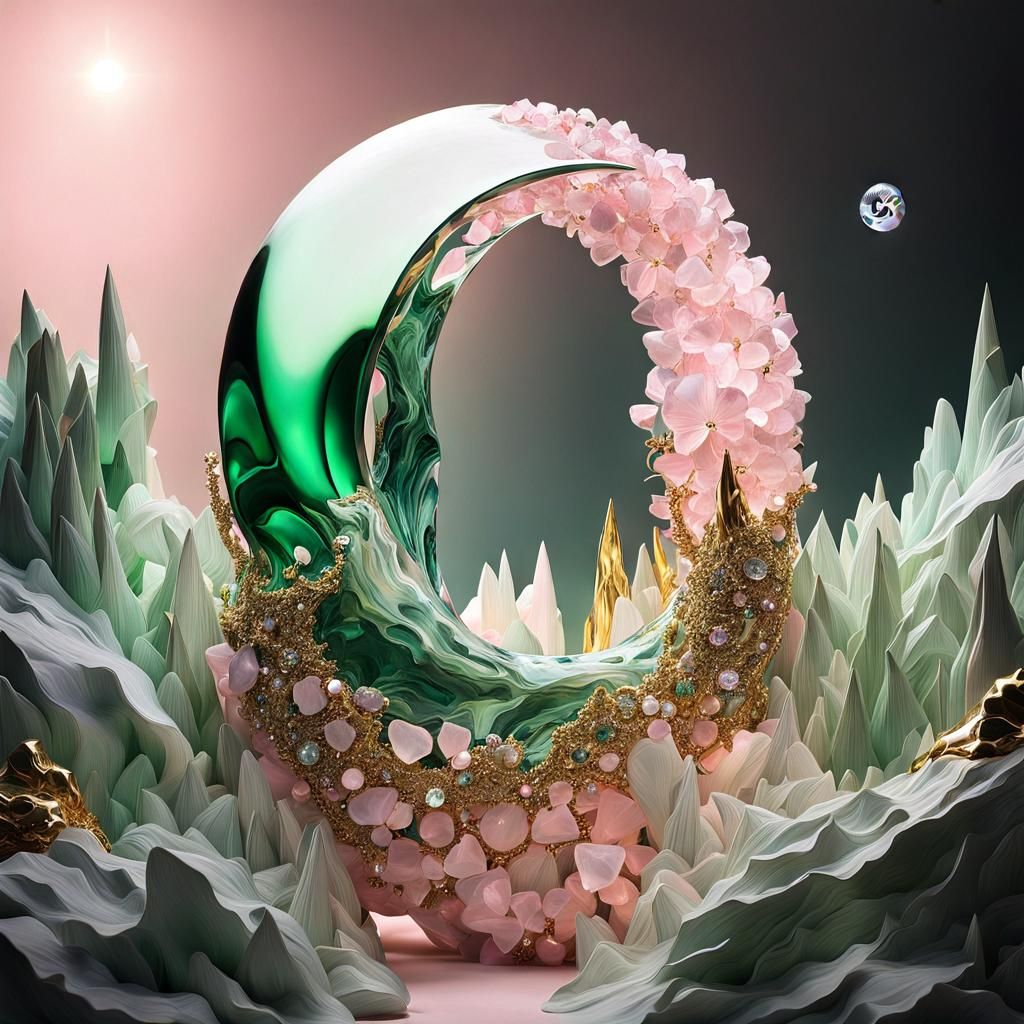 Surreal Crystal Moon Creation in Gold and Silver