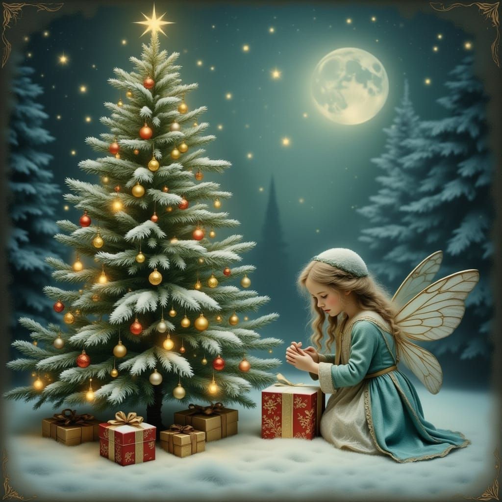Enchanted Fairy Unwraps Christmas Gift in Vintage Style
