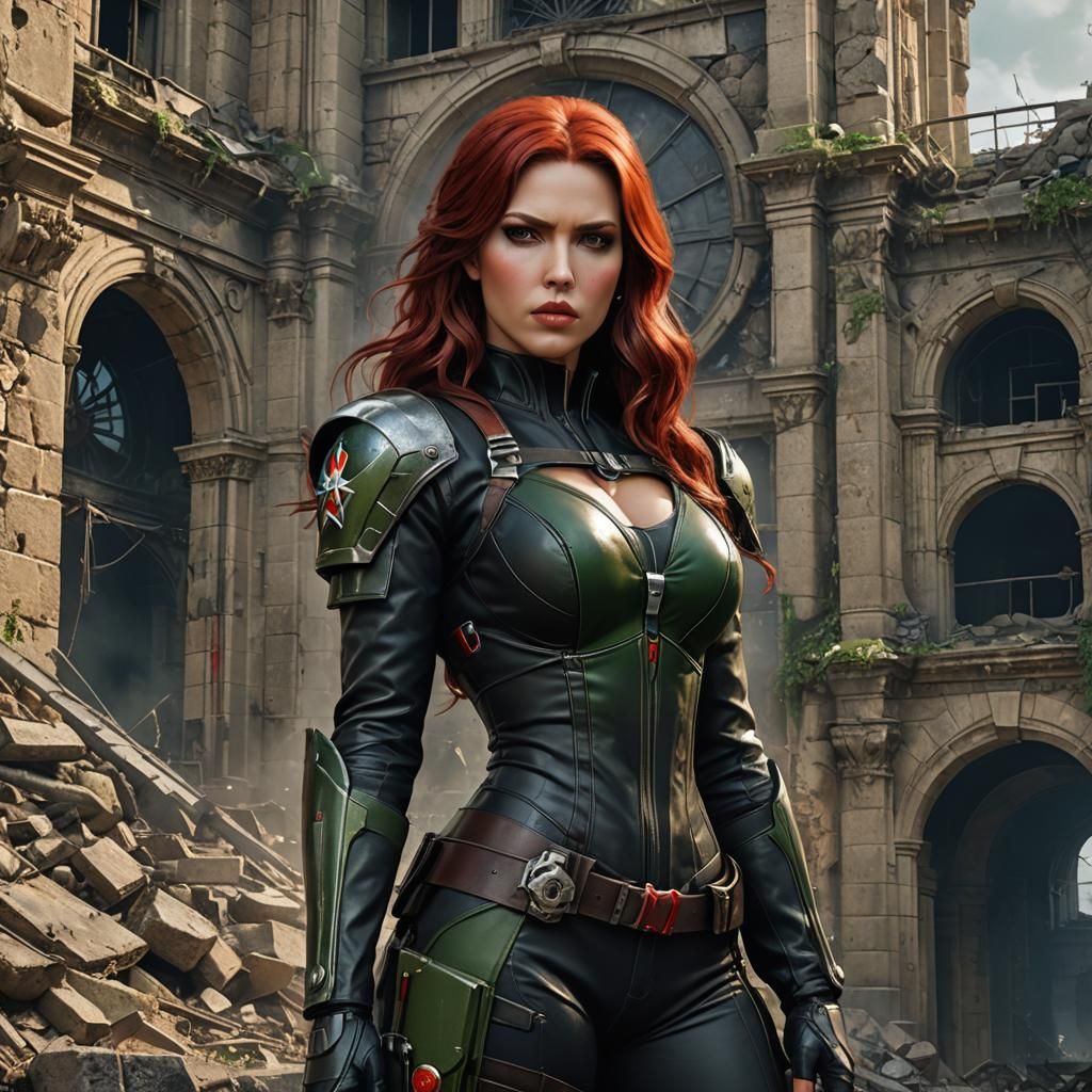 Black Widow in Post-Apocalyptic Paris, Hyperdetailed Portrai...