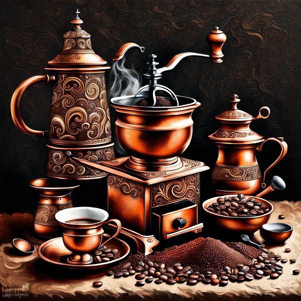 Steaming Coffee Set with Copper Details in Steampunk Style